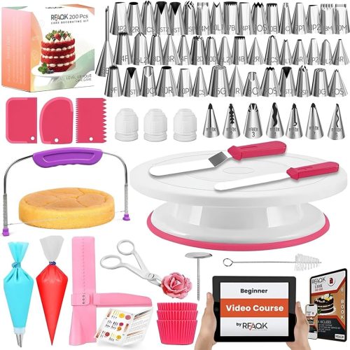 RFAQK 200PCs Cake Decorating Kit for Beginners with Turntable for Decoration - Piping Bags and Tips Set (110+55), Straight & Offset Spatula, Leveler, Video Course, Pattern Chart & More Baking Supplies