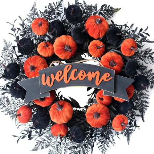 22 Inch Halloween Velvet Pumpkin Wreath for Front Door, Orange Black Pumpkin for Indoor Outdoor, Fall Welcome Sign Wreath for Home Decor