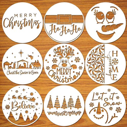 9 Pcs Christmas Stencils for Painting on Wood – 12-Inch Round Reusable Holiday Stencil Templates for Front Door, Porch, Canvas, Fabric, and DIY Christmas Crafts