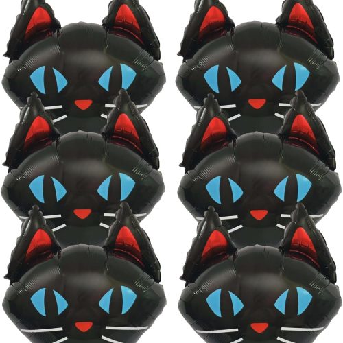6-Pack 22 Inch Black Cat Aluminum Foil Balloons - Scary Cat Face Shaped Mylar Balloons for Halloween Party Decorations, Haunted House, Trick-or-Treat, Birthday and Indoor Outdoor Party Supplies