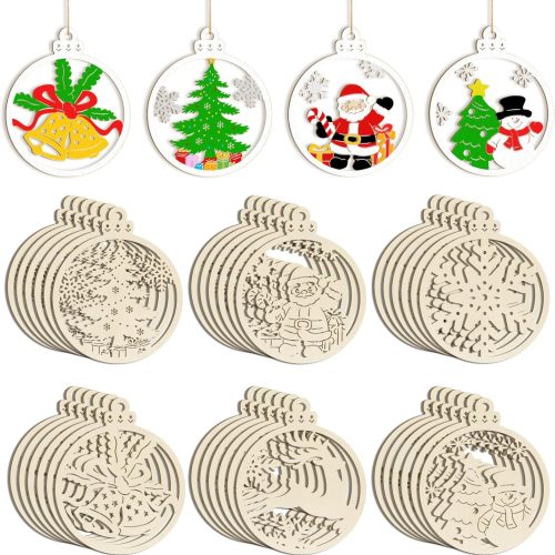 36PCS Wooden Hollow Christmas Ornaments for Paint Christmas Tree Decorations 6 Styles, DIY Blank Unfinished Wood Reindeer Santa Claus Snowman Snowflake Angle Cutouts for Crafts Winter Hanging Decora