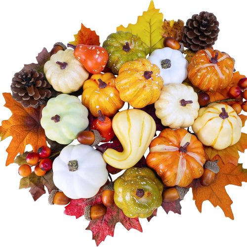 Winlyn 46 Pcs Assorted Small Artificial Pumpkins and Gourds with Acorns Pinecones Maple Leaves Fall Harvest Decor Set for Autumn Party Table Centerpiece Thanksgiving Halloween Wreaths Vase Bowl Filler