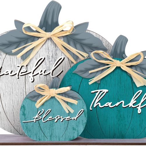Soaoo Thanksgiving Pumpkin Table Decorations Fall Wooden Thankful Blessed Centerpiece Autumn Grateful Tabletop Decor Farmhouse Harvest Pumpkin Block Signs for Party Rustic Table Shelf Decor Home