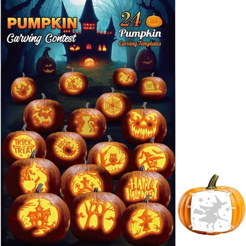 MotiMind 24 Styles Pumpkin Carving Stencils - Halloween Patterns & Templates for Carving, Painting & Decorating Crafts