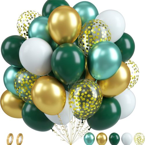 Green Gold Balloons Set, 60PCS Dark Green White Gold Balloons, 12Inch Metallic Green Gold Latex Balloons Gold Confetti Balloons Helium for Jungle Safari Birthday Wedding Baby Shower Party Decoration