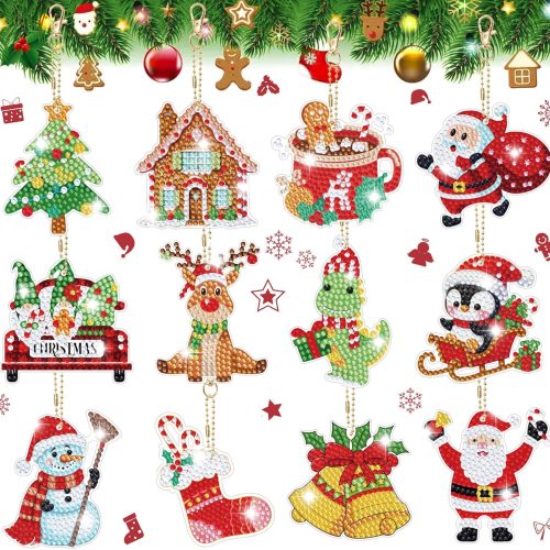 12 Pieces Christmas Diamond Art Keychains Kits- Christmas Crafts for Adults - Arts and Crafts - Make Your Own Diamond Ornaments Painting Gift for Family Decor