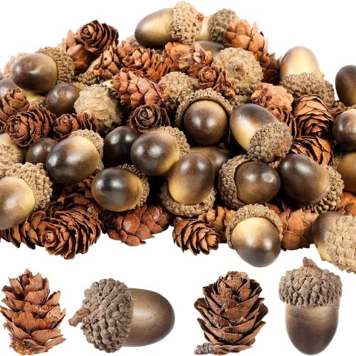 Unittype 300 Pcs Mini Acorn Pine Cones Include 150 Natural Mini Pine Cone 150 Artificial Acorns with Natural Cap Fake Acorn Prop for Vase Filler Home Bulk