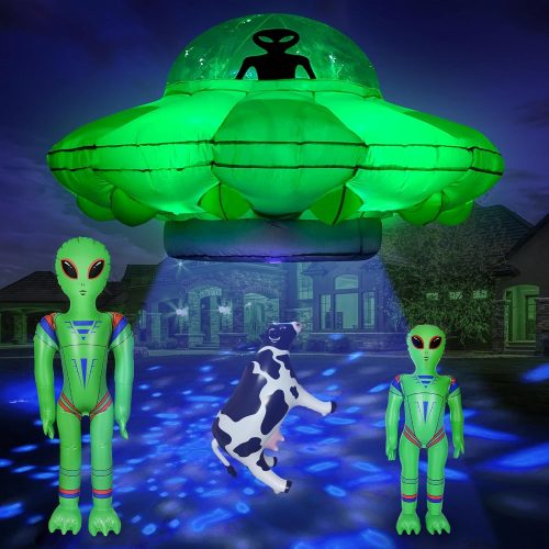 1 Alien Party Decorations 4.2FT Hanging Alien UFO Cow Abduction Inflatable with Cow&2pcs Jumbo Alien Halloween Inflatable UFO Built-in Green LED Blue&White Flashing Light Blow Up Yard Home Garden Decor