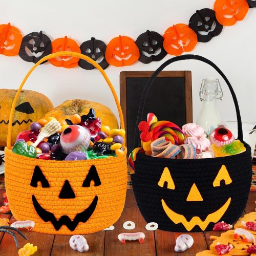 Halloween Trick or Treat Basket with Handle Candy Bucket Gift Bags Cute Pumpkin Pattern for Halloween Party Favors Supplies(Black&Orange)