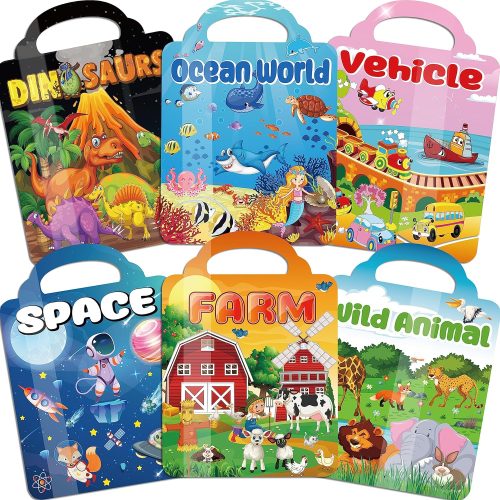 6Set Puffy Sticker Books for Kids, 3D Reusable Stickers Books for Toddlers 3-5,Farm+Animal+Dinosaurs+Ocean World+Space+Vehicle