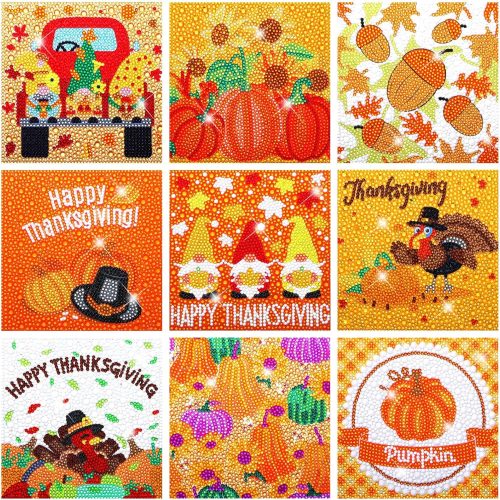 Charniol 9 Pcs Fall Thanksgiving Day 5D Diamond Painting Kits Pumpkin Maple Leaves Round Drill 5D Diamond Craft Handmade Square Drill Art Painting for Party Decor (Turkey Pumpkin Style)