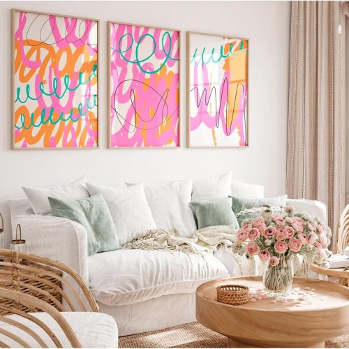 Bright Pink Pictures Wall Art Abstract Colorful Canvas Wall Decor Modern Graffiti Wall Art Preppy Line Poster Orange Trendy Prints Painting Pink Abstract Artwork for Room 16x24 Inch Unframed Set of 3