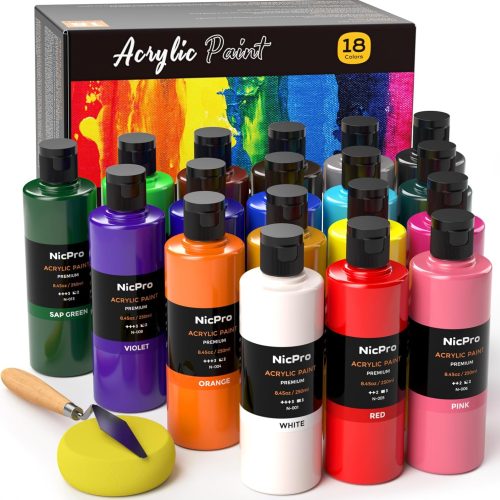 Nicpro 18 Colors Large Acrylic Paint Set, 8.45oz/250 ml Artist Painting Supplies Bulk Non-Toxic For Multi Surface Pumpkin Canvas Wood Fabric Leather Cardboard Paper Crafts Rock Hobby with Color Wheel