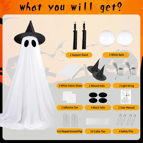 Halloween Decorations Ghost Outdoor Light Up Ghost Kit 2Packs, Halloween Decor with String Lights, Spooky Halloweens Ghosts Decorations Outside with Witch Hat for Lawn Yards Front Porches