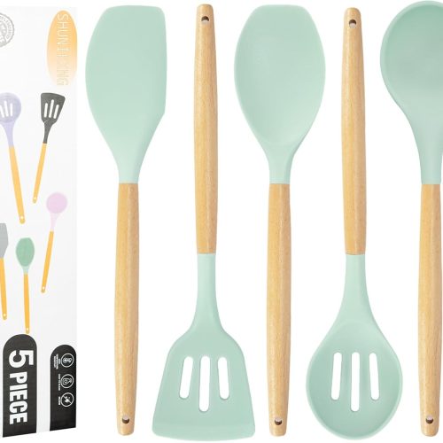 Kitchen Utensils Set, 5 Pcs Non-Stick Silicone Kitchen Cooking Utensils with Wooden Handle, Kitchen Spatula Cookware Utensils Set, Heat Resistant Silicone Kitchen Gadgets (Light Green)
