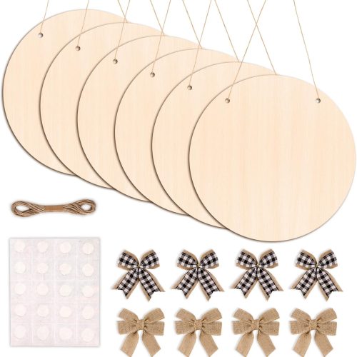 DIYDEC 6 Pack Wood Circles for Crafts 14 Inch Unfinished Wood Slices Blank Wooden Door Hanger Sign Round Wood Discs with Bows Twine Glue Point for DIY Crafts Painting Christmas Home Holiday Decor
