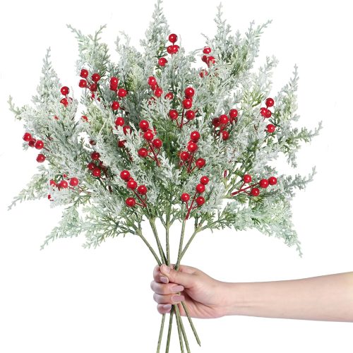 1 Sggvecsy 6 Pack Snowy Artificial Pine Branches Frosted Faux Cedar Spray with Red Berries Christmas Balls 19’’ Greenery Cedar Picks Christmas Cedar Stems for DIY Garland Wreath Xmas Home Decoration