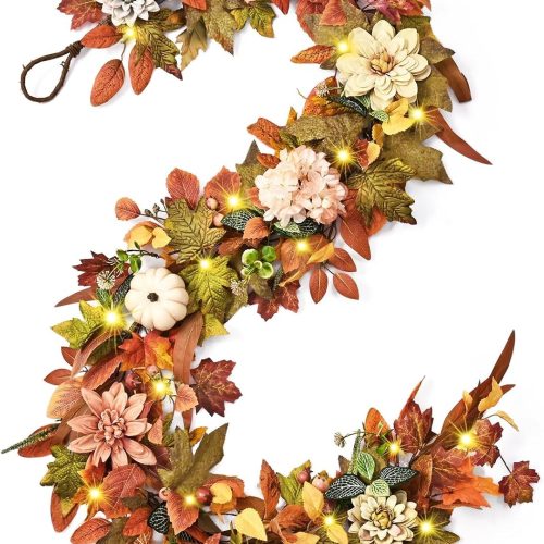 1 Fall Decorations for Home, Fall Garland for Mantle, 6 FT Fall Garland with Lights, Fall Leaves Pumpkin Garlands for Table Centerpiece Door Window Fireplace Home Indoor Outdoor Fall Thanksgiving Decor