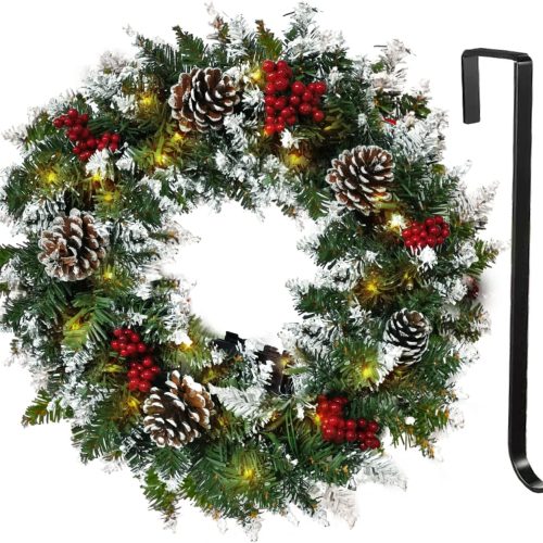 1 Christmas Wreath,Flocked with Mixed Decorations and 50 LED Light,Christmas Wreaths for Front Door Indoor Window Wall Décor, Outdoor Christmas Decorations(18 inch Battery Not Included)