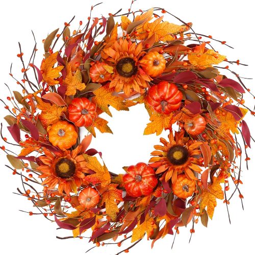1 Sggvecsy Fall Wreath - 22'' Autumn Front Door Wreath with Pumpkin Sunflower Berry Maple Leaves - Fall Decorations for Outside, Indoor, Wall, Window, Festival, Thanksgiving