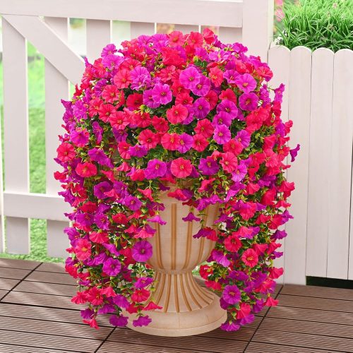 1 Dolicer 2 Packs Look Real Artificial Flowers for Outdoors, Fake Artificial Hanging Flowers for Outdoors Realistic UV Resistant Faux Hanging Flowers Silk Petunia for Porch Patio (Fuchsia+Rose Red)