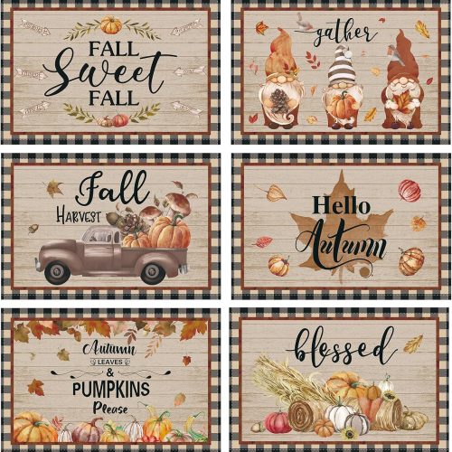 1 Uiifan Fall Placemats Set of 6, 12 x 18 Inch Thanksgiving Place Mats Hello Autumn Tablemats Pumpkins Gnome Truck Leaves Table Mats for Autumn Thanksgiving Party Kitchen Dining Decoration