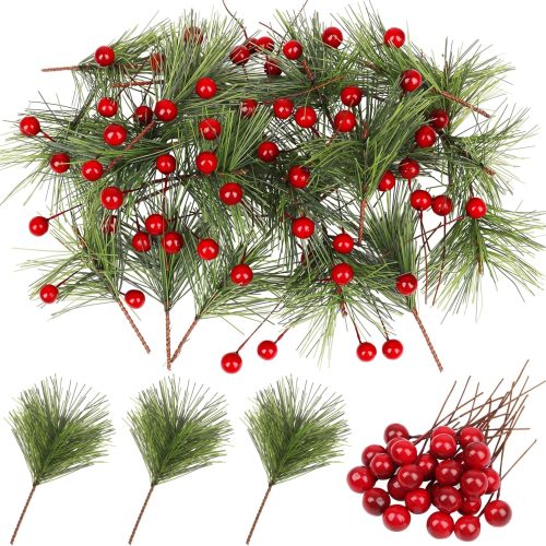 1 CCINEE 96Pcs Artificial Green Pine Needles Branches Red Berry Picks for Crafts, Greenery Stems Mini Holly Berries Pine Picks Twigs for Christmas Tree Garland Wreath Embellishing Holiday Decorations