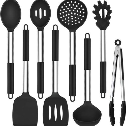 Kitchen Utensils Set of 8, Silicone Utensils Kitchen Tools Set with Stainless Steel Handle, for Frying Serving Flipping Draining, Non-toxic & Heatproof, Nonstick & Dishwasher Safe - Black