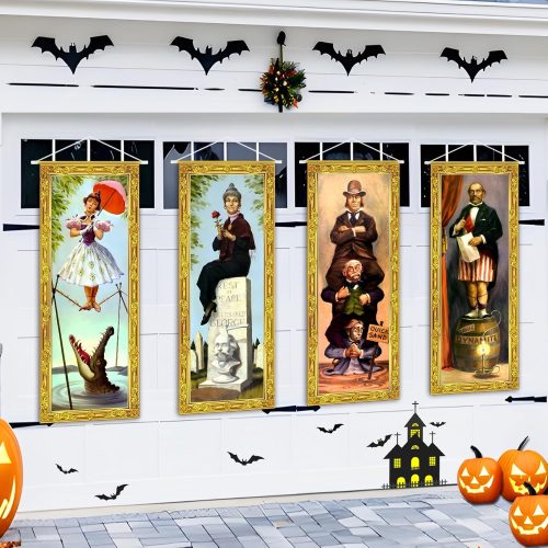 1 Halloween Decorations Large 4 PCS Haunted Mansion Stretching Portraits Vintage Vinyl Backdrop Decor Outdoor Horror Poster for Indoor Holiday Home Wall Art Wallpaper Hanging Porch Sign Banner Party