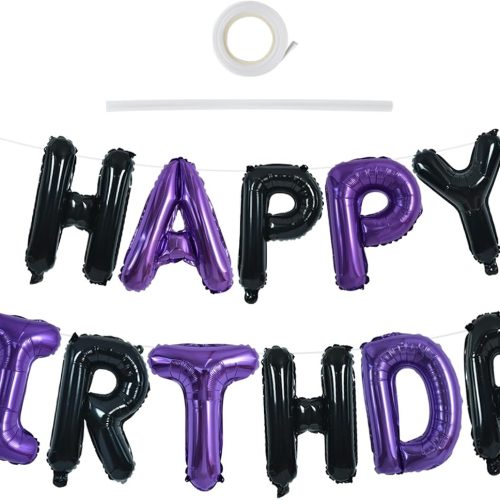 1 TONIFUL Happy Birthday Balloons Banner 16 Inch Mylar Foil Letters Birthday Sign Banner Bunting Reusable for Girls Boys Kids & Adults Birthday Decorations and Halloween Party Supplies(Black Purple)