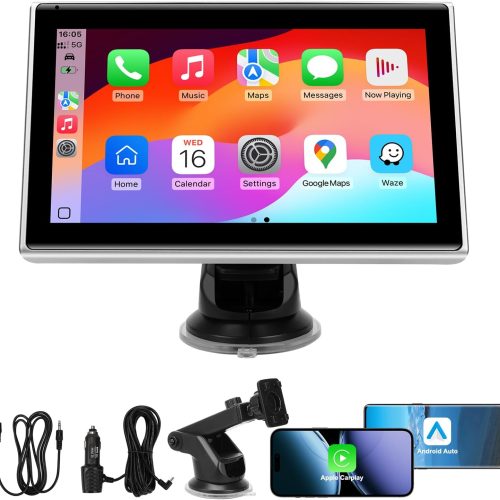 7" Portable Wireless CarPlay Screen for Car – Apple CarPlay & Android Auto, HD Touch Screen Car Stereo, Bluetooth, GPS Navigation, Voice Control, Plug-and-Play with FM/AUX/Mirror Link (Silver)