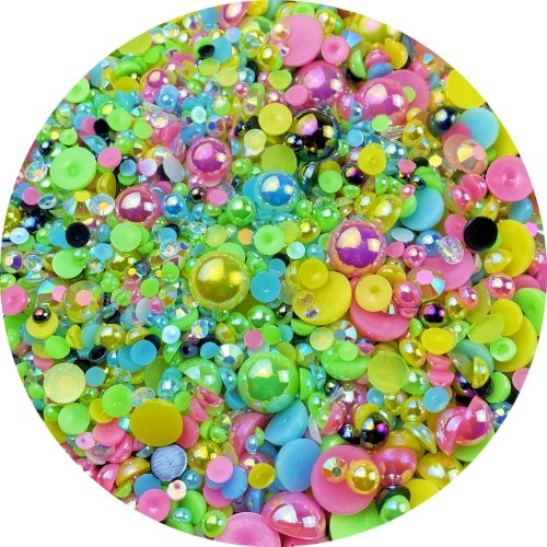 1 Mix Flatback Pearls and Rhinestone,60g Resin Rhinestones Half Round Pearls for Crafts 3mm-10mm AB Color Half Pearl Flatback Rhinestone for Nail Face Art,Bottles (Blue Green Pink Series)