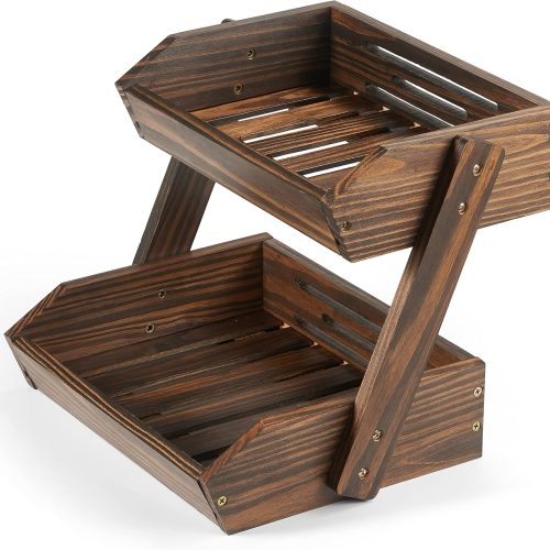 1 Large Capacity 2-Tier Wooden Fruit Basket, Durable Acacia Wood, 10.5" Tall, Spacious for Produce, Vegetables, Bread Storage and Home Kitchen Countertop