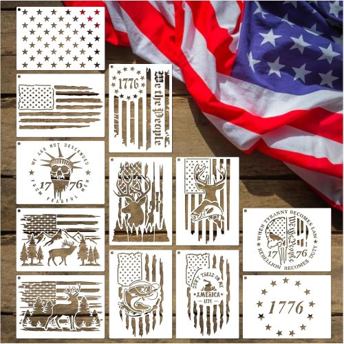 1 American Flag Stencil Star Stencils for Painting Union 50 Stars 1776 Military We The People Template for Flag Patriotic Wood Burning Stencils for Spray Paint on Shirt Project Crafts (12 Flag)