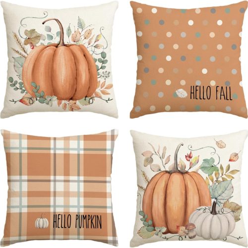 1 AVOIN colorlife Hello Fall Hello Pumpkin Throw Pillow Covers, 20 x 20 Inch Autumn Thanksgiving Harvest Orange Eucalyptus Decorations for Sofa Couch Set of 4