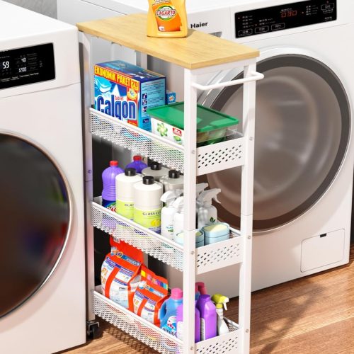 Utility Slim Storage Cart, 4 Tier Small Rolling Kitchen Laundry Room Cart with Wood Top, Metal Narrow Bathroom Storage Cabinet Mobile Shelf Unit Organizer Trolley with Handle for Narrow Space