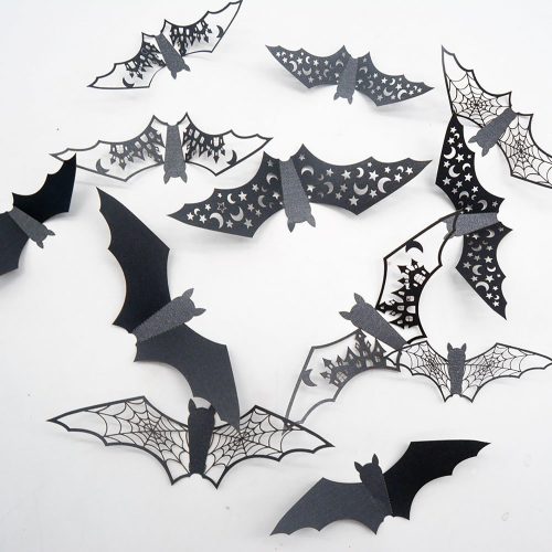 24Pcs 3D Bat Wall Stickers - Halloween Decor With Hollow Out Castle, Star, Moon Design - Black Bats Window Cling Decals for Party Home Decoration