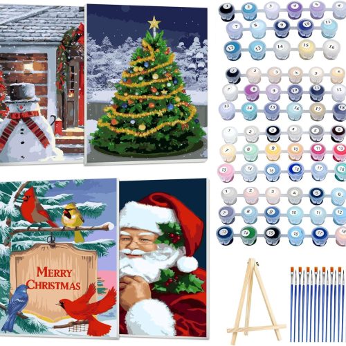 Ninonly Christmas Paint by Numbers Kit, 4 Pack Framed Adults' Paint-by-Number Kits Crafts for Adults Beginner with Wooden Easel, Brushes, Acrylic Painting, 9 * 12 Inch