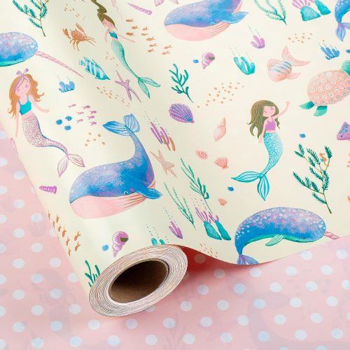 Flyhill Reversible Mermaid Wrapping Paper Roll,Metallic Foil Whale,Turtle and Sea Creature with Pink Polka Dot for Kids,GirlsBirthday,Baby Shower,Mini Roll (17 IN x 32.8 FT)