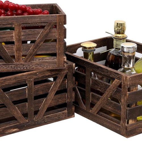 Wooden Storage Crates Nested Crates Set of 3 (Large,Medium,Small),Farmhouse Decorative Boxes with Handles for Home Organization,Display,Brown Wood Crates
