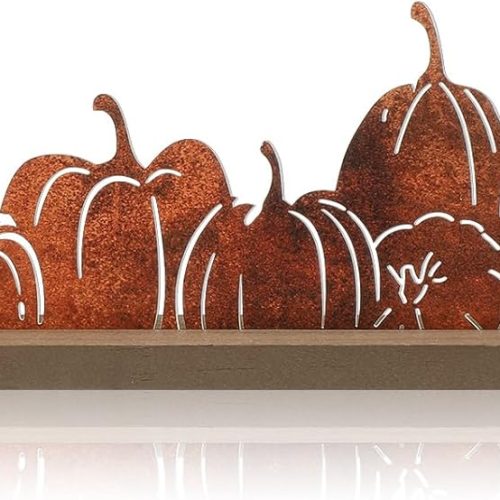 Fall Decorations for Home Fall Metal Pumpkin Sign Thanksgiving Pumpkin Table Centerpieces Thanksgiving Tiered Tray Decor with Wooden Base for Mantel Shelf Desk Home Office Kitchen Decor