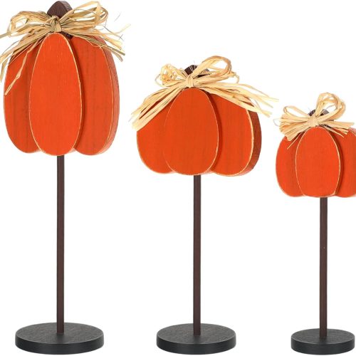 Thyle 3 Pcs Thanksgiving Pumpkin Table Centerpieces Wood Harvest Table Decorations for Home Standing Block Tall Sign with Bow for Home Decor(Orange)