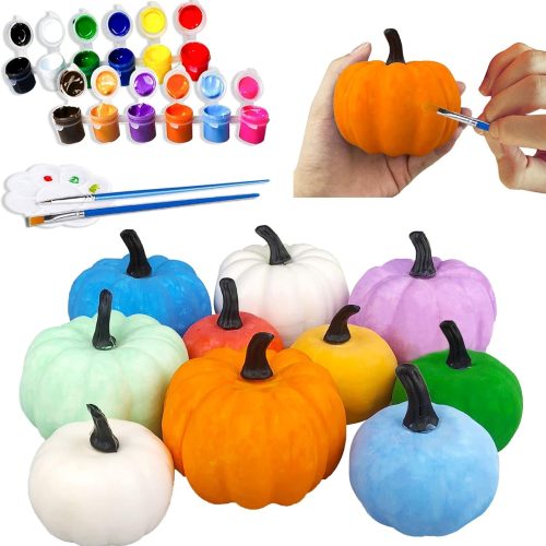 Pumpkin Decorations Halloween Crafts for Kids 10Pcs Paint Your Own White Plastic Artificial Pumpkin Decorating Kit Gift Toys for Kids DIY Halloween Thanksgiving Fall Decor