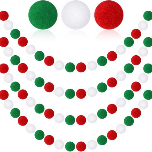 MARFOREVER 4 Pack 26.3 Feet Christmas Pom Pom Garland Ornaments Red White Green 30 Balls Garlands Christmas Felt Garland Hanging Supplies for Xmas School Classroom Fireplace Wall Home Party Decor