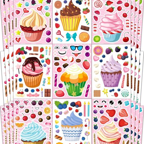 36 Pcs Cupcake Make-a-Face Sticker Sheets | Mix & Match Ice Cream Dessert Party Favors for Toddlers & Kids Ages 2-8 | Treats Party Activities, Birthday Decorations, Crafts & Supplies