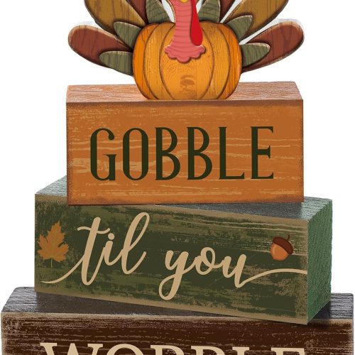 4 Pcs Thanksgiving Decoration for Home Wooden Turkey Decor Thanksgiving Table Decor Fall Tiered Tray Decoration Thanks Giving Centerpiece Rustic Turkey Block Sign for Harvest Party Kitchen
