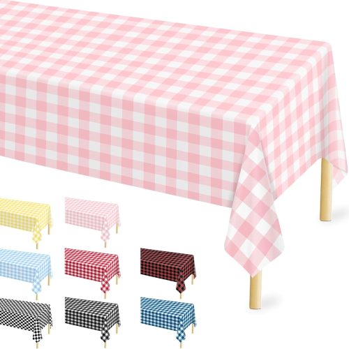 4 Pcs Pink Gingham Tablecloth 54 × 108 Inches Pink and White Checkered Table Cloth Disposable Plastic Waterproof Tablecover for Outdoor Picnic, Birthday Party, Holiday Dinner