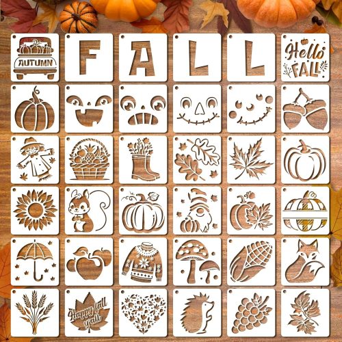 Konsait 36 PCS Fall Stencils for Painting on Wood, Reusable Autumn Templates Pumpkins Maple Leaves Hello Fall Stencil Plastic Thanksgiving Stencils DIY for Art Hand Crafts 3'' x 3''