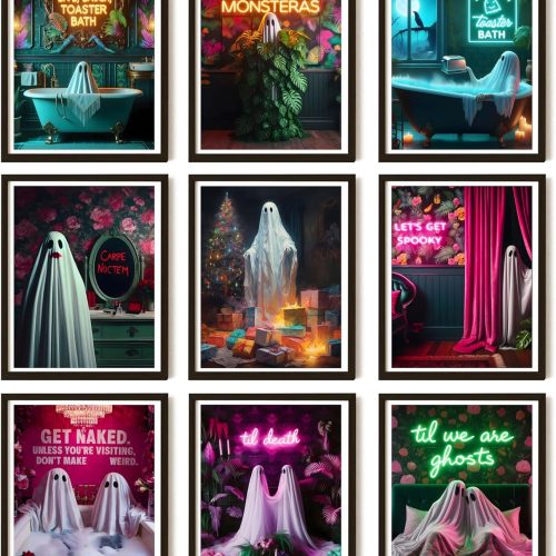 9Pcs Halloween Ghosts Canvas Wall Art Fashion Funny Gothic Romantic Couple Cute Ghost Wall Decor Pictures Horror Creepy Dark Academia Posters Prints for Modern Home Hotel Room Decoration Unframed