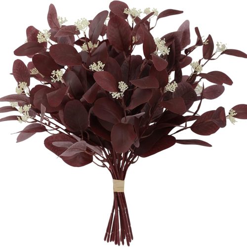 20" Silk Artificial Eucalyptus Stems, 12Pcs Fake Eucalyptus Stem with Leaves Berries, Greenery Plants Floral Decorations for Wedding Party Flowers Arrangement Home Decor (Burgundy)